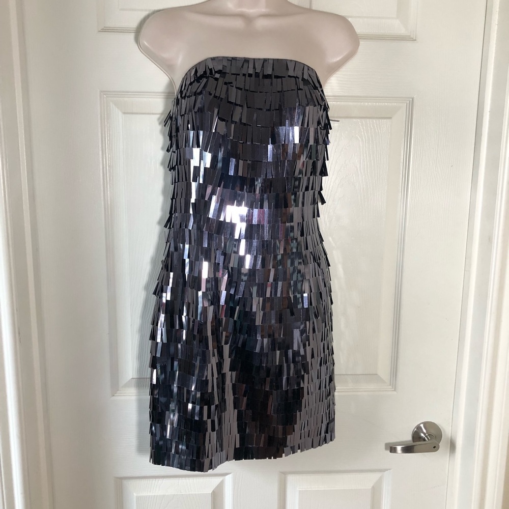 Gunmetal Sequin Strapless Cocktail Dress